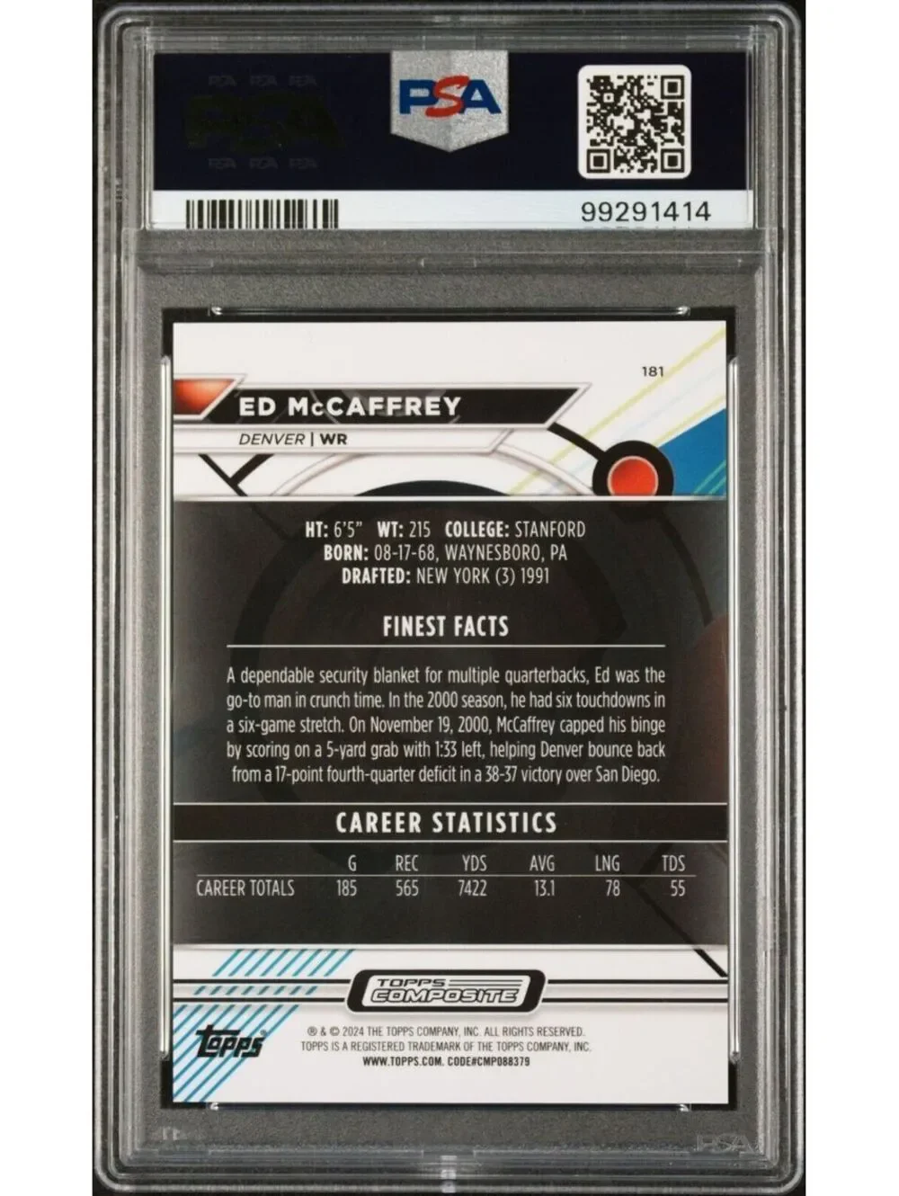 Ed McCaffrey 2023 Topps Finest NFL #181 Blue Refractor 029/199 Card PSA 9 Mint